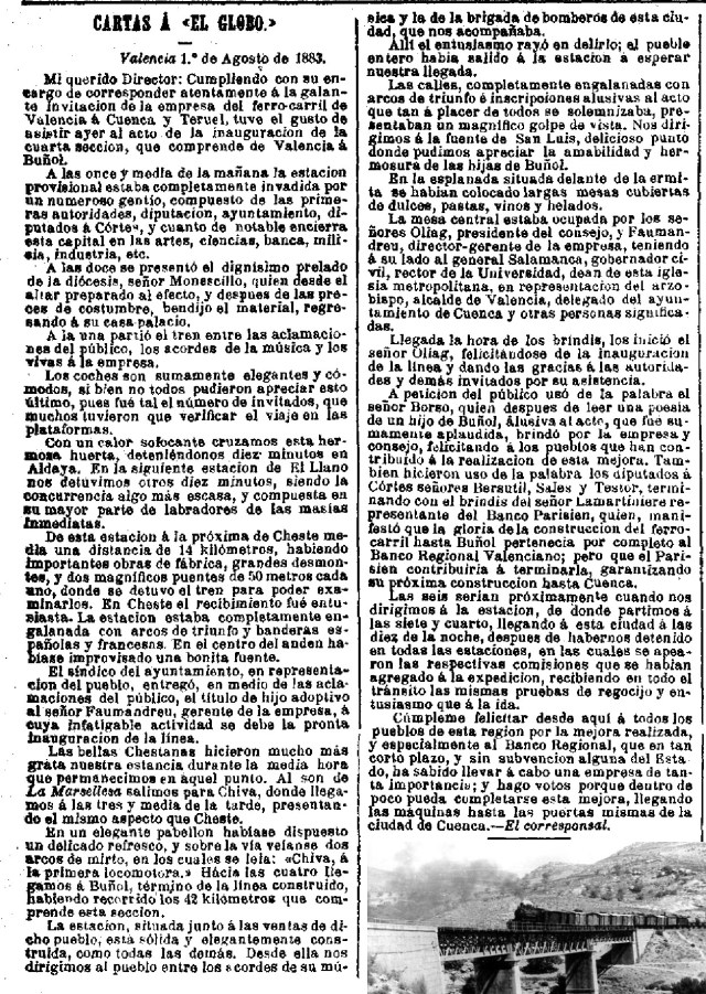 Artículo de la llegada del tren a Buñol 1883